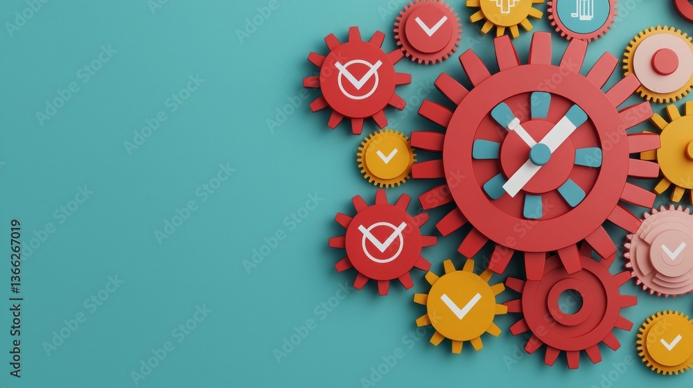 Poster 2025 goal setting vision and strategy concept. colorful gears and cogs on a turquoise background for