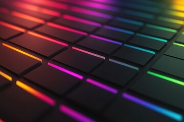 Dark background, rainbow light strips on the wall, square grid, black, high-definition