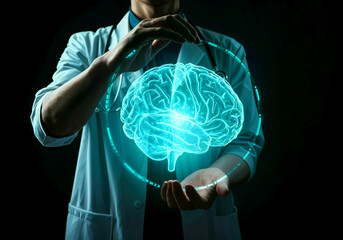 Futuristic Medical Innovation with Holographic Brain and Doctor in Lab Coat