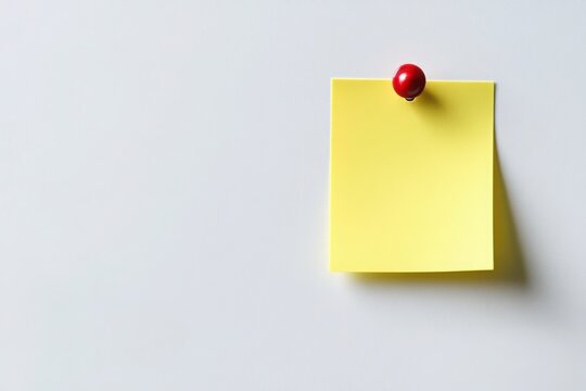 Minimalist yellow sticky note with red pushpin on a white background, symbolizing reminders and organization