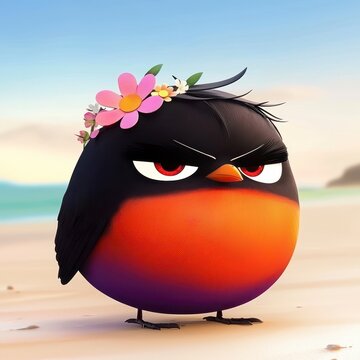 Grumpy Bird with Flower Crown on Beach