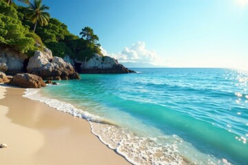 Calm turquoise sea meeting the horizon with a gentle curve, reflecting a clear blue sky and warm sunlight on the shore of a secluded cove, warm light, cove, turquoise