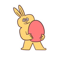 Easter bunny holding an easter egg, cartoon quirky cute illustration.