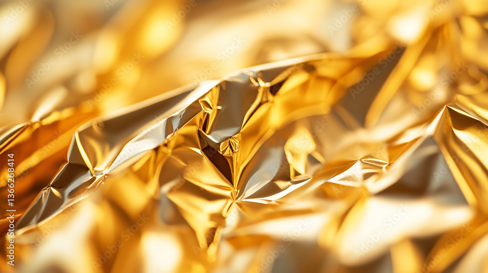 Poster close-up of crumpled shiny golden foil creating abstract reflective textures.