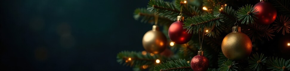 Obraz premium Christmas tree with festive lights and ornaments, winter holiday decorations, winter wonderland