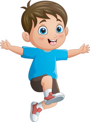 Cartoon happy little boy jumping and smiling