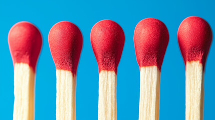 Five red-tipped matchsticks standing upright in a row on a blue background.
