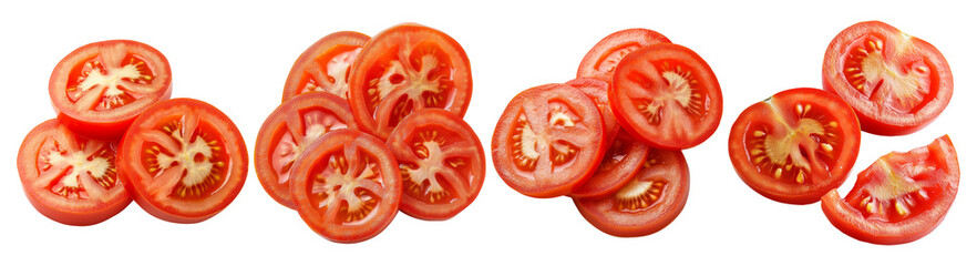 Freshly Sliced Ripe Tomato Slices on a White Background, PNG bundle collection, Isolated on Transparent Background