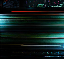 Futuristic neon glitch background.Glitched nightlife tech lines,street light motion and technology seamless pattern design.Screen damage.Digital glitch error.Colorful glow on teal.generative ai
