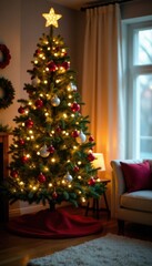 Decorated Christmas tree with fairy lights and ornaments in a cozy living room, ornaments, holiday