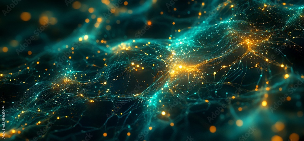 Aufkleber dynamic network of interconnected glowing particles, a futuristic digital space