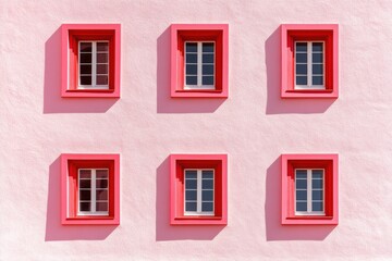 Contemporary blush wall featuring red window frames in minimalist architectural design showcasing color-block aesthetics