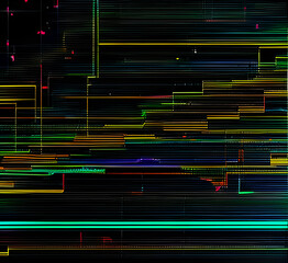 Futuristic neon glitch background.Glitched nightlife tech lines,street light motion and technology seamless pattern design.Screen damage.Digital glitch error.Colorful glow on teal.generative ai