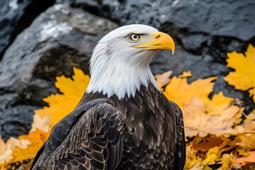 Obraz premium A magnificent bald eagle gazes out over a natural autumn scene