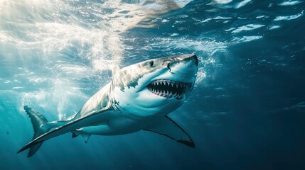 Fototapeta premium Great white shark swims in ocean. Powerful predator isolated against white background. Jaws open showing sharp teeth. Animal in mid-swim action. Wildlife photo with focus on marine life, ocean animal