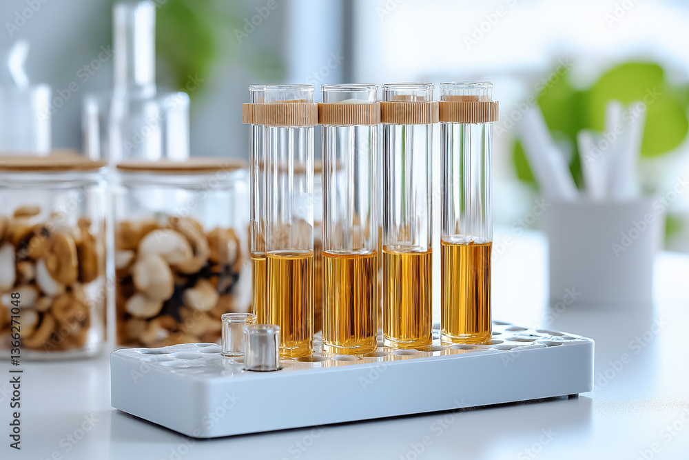 Poster test tubes filled with yellow liquid placed on laboratory countertop. clean modern lab setting with 