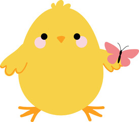 Cute chick with butterfly. Festive vector illustration in flat style