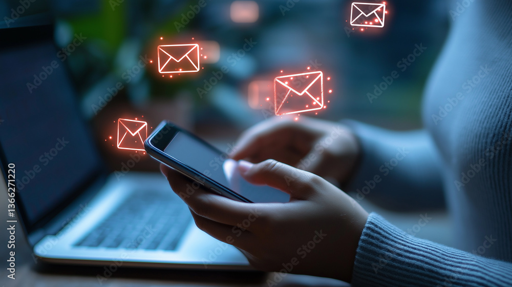 Poster a person using a smartphone with glowing red email icons hovering above, indicating message notifica