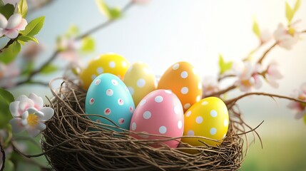 Obraz premium Colorful Easter eggs sit in a bird's nest on tree branches. The background is bright white. This is a 3D picture.