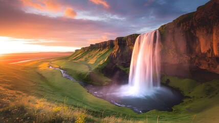 Naklejka premium Majestic Iceland Waterfall At Sunset, Golden Light Cascades Down Lush Cliffs Into Serene Waters. Dramatic Sky, Soft Hues, And Ethereal Mist Create A Breathtaking Scene.