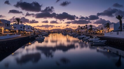 Fototapeta premium Dark water at Playa Blanca Port in Lanzarote creates a calm, mysterious mood. Light reflects off the water, making beautiful patterns.