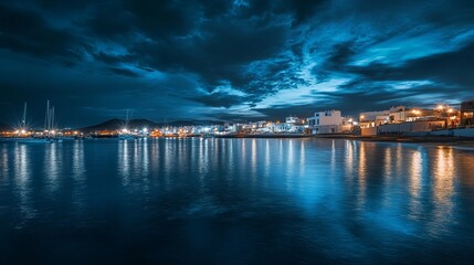 Dark water at Playa Blanca Port in Lanzarote creates a calm, mysterious mood. Light reflects off the water, making beautiful patterns.