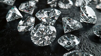 Diamonds of different cuts are arranged closely together on a black surface. There's space to add text. It's a top-down view.