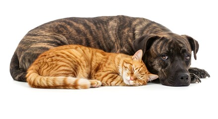 A cat and a Dog sleeping together. Puppy and kitten sleeping