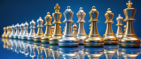 strategic chess pieces arrangement on blue surface