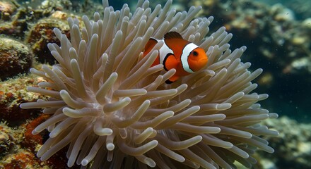 Clownfish in Sea Anemone with Coral Reef.