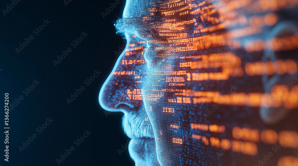 Poster a digital side profile of a man's face overlaid with glowing orange computer code, symbolizing artif