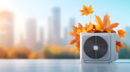 Home HVAC maintenance. Fall cleaning, repair, service. Autumn leaves covering air conditioning units