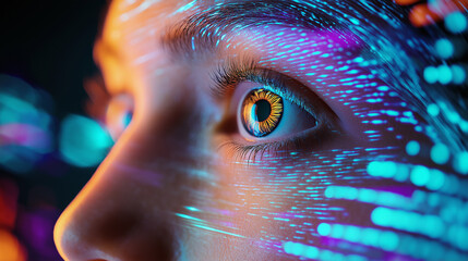 Close-up of a human eye illuminated by vibrant, multicolored digital light trails symbolizing data, technology, and vision.
