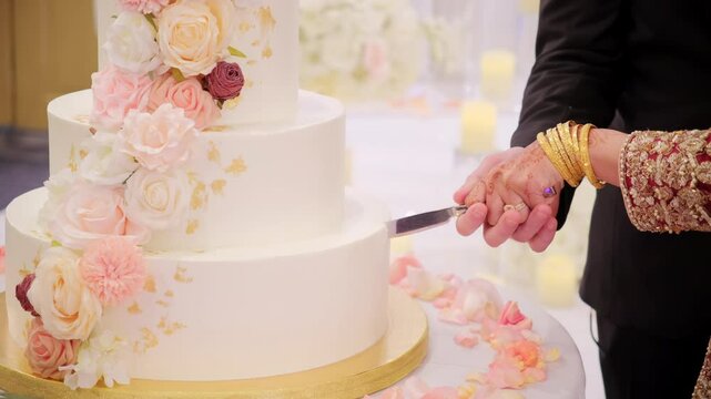 A bride and a groom cutting a wedding cake on the Indian wedding party. Close up shot footage