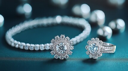 Beautiful jewelry collection. Includes a diamond necklace, ring, and earrings. A stylish set perfect for adding a touch of class.