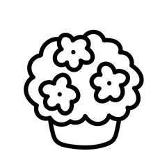 Plant in a pot, flowers in a pot. Kawaii. Black and white icon, coloring page. Black bold outline.
