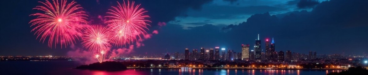 Fototapeta premium New Year fireworks exploding in the sky over a cityscape at midnight, cityscape, city skyline, celebration night