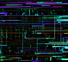 Fototapeta premium Futuristic neon glitch background.Glitched nightlife tech lines,street light motion and technology seamless pattern design.Screen damage.Digital glitch error.Colorful glow on teal.generative ai