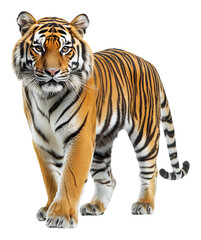 Obraz premium Majestic Tiger Standing with Striking Stripes on White Background, Isolated on Transparent Background