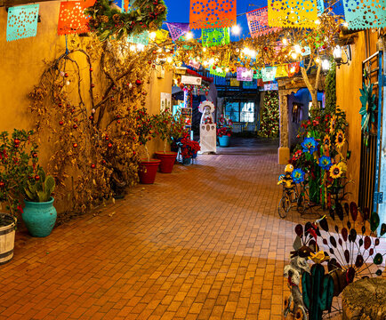 Colorful Christmas Decorations in Spanish Style Plaza in Old Town at Night, Albuquerque, New Mexico, USA