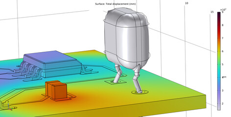 Computer 3d modeling of printed circuit board of electronic device. Investigation of  displacement of pcb conductors and  components (capacitor, integrated circuit) under influence of high temperature © TKalinovskaya
