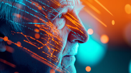 A thoughtful elderly man’s face overlaid with glowing digital data patterns, symbolizing the fusion of human wisdom and modern technology.

