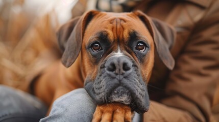 Obraz premium Gentle Boxer sitting calmly beside its owner placing a paw softly on their knee eyes conveying trust and affection reflecting the breed's protective yet loving demeanor