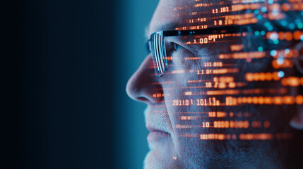 A thoughtful elderly man’s face overlaid with glowing digital data patterns, symbolizing the fusion of human wisdom and modern technology.

