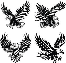 Obraz premium A set of Eagle vectors with an American flag, 4th jully, Independence Day, American bald eagle set, tribal tattoo and logo design, patriotic eagle t-shirt design element illustration.