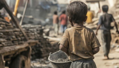 Child Labor Poverty, Construction Site, Dusty Boy, Carrying Cement, India