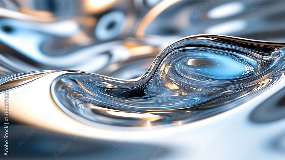 Poster abstract fluid metallic surface with flowing blue and silver tones, reflecting light and creating dy