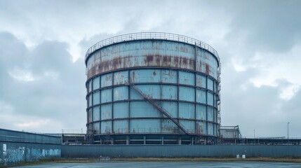 A large, rusty and empty tank stands in an industrial zone. The sky is overcast, the atmosphere is gloomy
