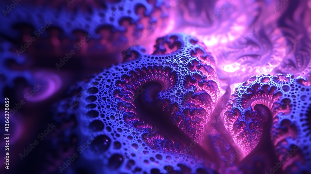 Poster abstract fractal formation with intricate cellular structure in vivid purple and blue tones, illumin