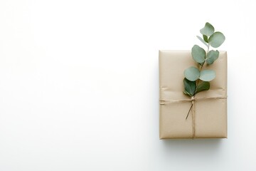 A simple, elegantly wrapped gift box adorned with a sprig of eucalyptus.